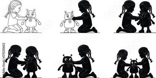 Little girl playing with robot toy, children interacting with technology, cute kids silhouette, futuristic learning, cartoon vector design, childhood imagination