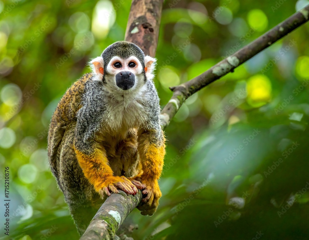 Obraz premium Close-up of a squirrel monkey in a jungle setting