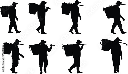 Silhouette farmer carrying harvest basket on shoulder, traditional agriculture worker walking with crops, rural lifestyle, farming labor, countryside agricultural work.
