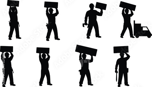 Silhouette construction worker lifting heavy block, industrial labor man, carrying material, construction site job, strong builder, architecture work, hard labor, teamwork.