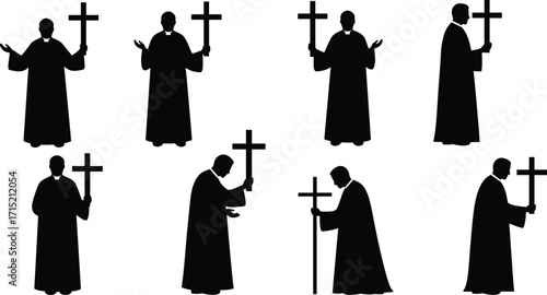 Silhouette of Catholic priest holding cross, Christian faith leader in prayer, holy man illustration, church pastor worship, devotion, spirituality, religion
