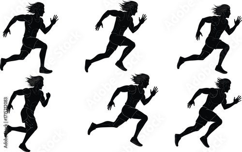 Silhouette of athletic man running fast, sprint training sequence, fitness workout, sport action movement, healthy lifestyle exercise, speed marathon runner illustration