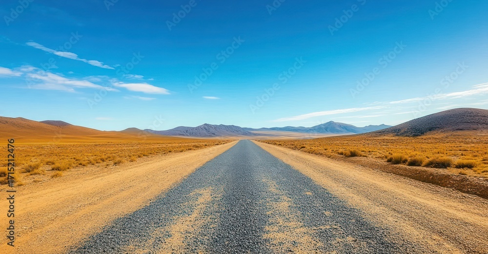 Naklejka premium Long straight road stretching through an arid desert landscape with sparse dry grass under a bright blue sky and distant mountains