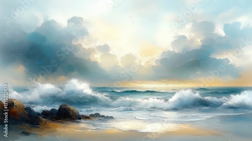 Wallpaper Mural Calm seascape with crashing waves on rocky shore under cloudy sky during sunrise or sunset Torontodigital.ca