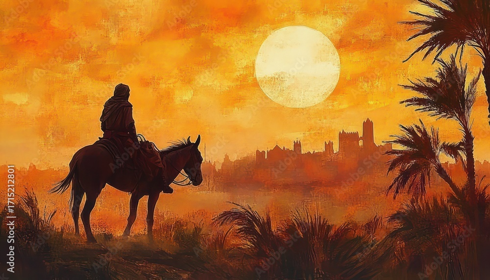 Fototapeta premium Silhouette of a lone rider on horseback overlooking a distant castle at sunset with vibrant orange sky and palm trees in foreground