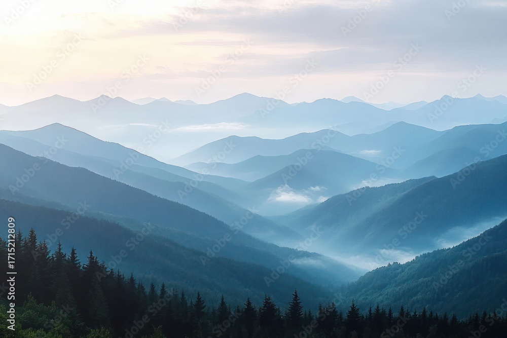 Obraz premium Peaceful layered mountain landscape with dense evergreen forests and soft mist under a pale sky at dawn