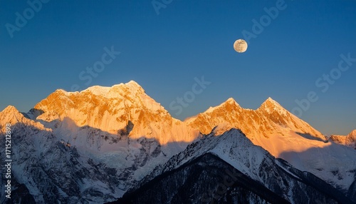 Majestic Meili Snow Mountain Under A Full Moon At Dawn With Golden Light On Peaks