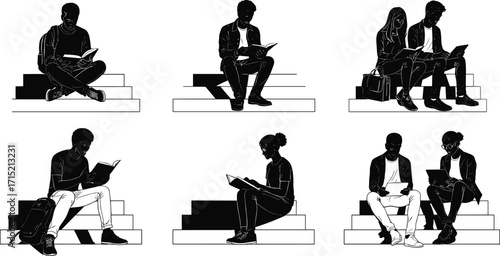 Silhouette students reading books, young people studying, group learning on stairs, education illustration, college lifestyle, knowledge concept, academic teamwork vector design.