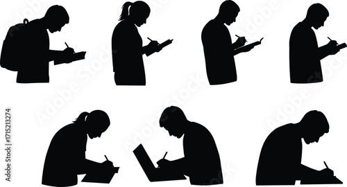 Silhouette students writing, studying, reading books, working on laptop, education concept, school learning, academic preparation, classroom activity, university study illustration