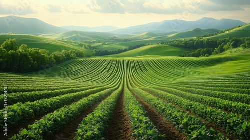 Wallpaper Mural Vast green agricultural field with rows of crops leading to rolling hills under a cloudy sky, evoking a sense of calm and natural beauty Torontodigital.ca