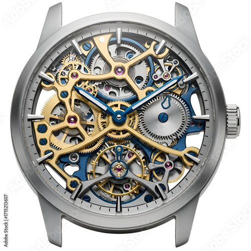 Wallpaper Mural Silver Watch Shows Intricate Gears, Cogs, and Movement with Blue Accents on Transparent Background Torontodigital.ca