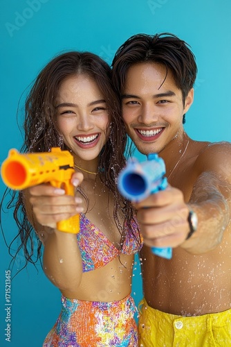 Happy young couple playing with colorful water guns and splashing water on bright turquoise background