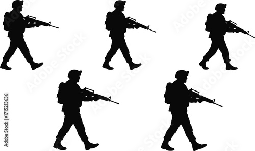 Soldier silhouette illustration, army man walking, military patrol with rifle, armed forces duty, combat soldier march, war defense vector design art.