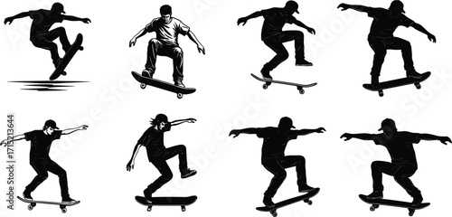 Skateboarders performing tricks, freestyle skateboarding stunts, extreme sport action, urban youth culture lifestyle, street skating vector illustration, dynamic movement design sequence