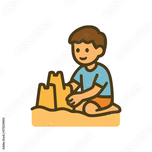 Smiling boy playing with sand and building castle on beach, flat cartoon vector illustration of summer holiday fun