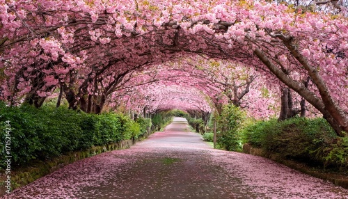 A Beautiful Cherry Blossom Tunnel With A Pink Petal Covered Path And Lush Greenery
