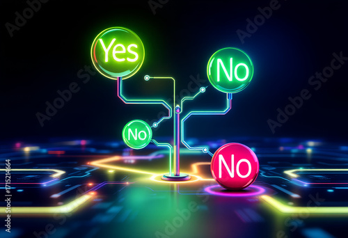 Neon-lit decision tree with glowing Yes and No buttons on a futuristic circuit board background with a dark mood.