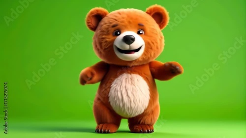 Animated cartoon teddy bear walking on a green background