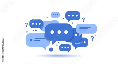 Illustration shows multiple blue speech bubbles and question marks against a white background.