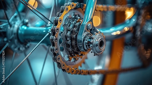 Close-up of a shiny blue bicycle gear and chain mechanism with detailed metal components and blurred background