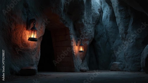 Dark cave entrance with glowing lanterns on rocky stone walls creating mysterious light in dark, eerie atmosphere illuminated by soft glowing light from stone lanterns at cave wall