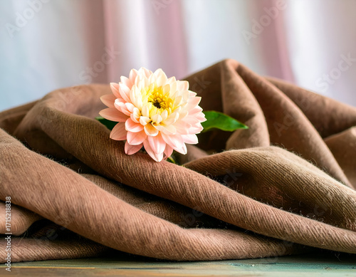 Soft Woolen Scarf with Gathered Folds and Blooming Flower Accent