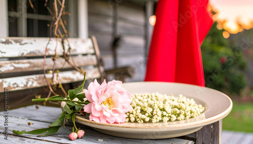A Beautiful Pink Bloom Left on an Old Porch Bench at Dusk