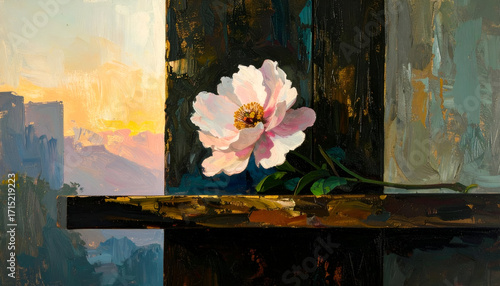 Beautiful Bloom on a High Shelf Catching Dusk Light at Sunset