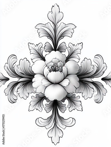 Detailed black and white floral ornamental design with a central blooming flower and symmetrical curling leaves creating an elegant, vintage decorative pattern