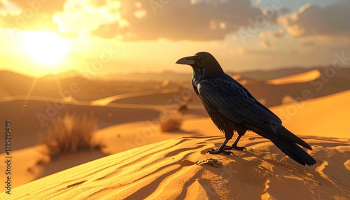 Fototapeta Naklejka Na Ścianę i Meble -  Cinematic Raven Perched on Desert Sand Dune at Sunset with Ultra Sharp Detail and Glowing Tones