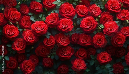 Close-up view of numerous vibrant red roses densely arranged with lush green leaves creating a rich and romantic floral pattern