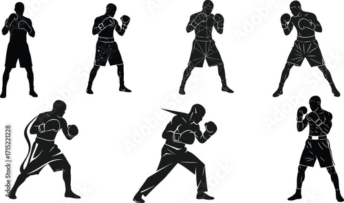 Boxer silhouettes in fighting stance, martial arts training, sports competition preparation, boxing poses, fitness workout, strength, combat, athlete action illustration