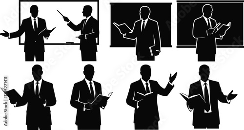 Businessman silhouette illustration with book, office worker, corporate trainer, teacher, presenter, leadership, professional speaker, meeting, seminar, lecture, education, communication.