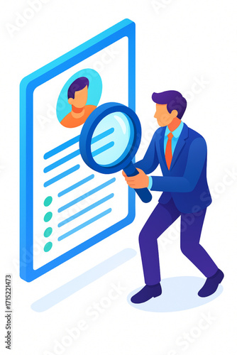 Professional hiring manager meticulously reviews candidate profile using magnifying glass for perfect fit
