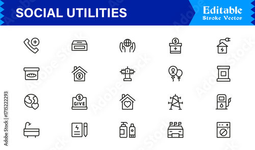 Social Utilities and Public Services Icons  Professional Modern Line Icon Pack with Unique Vector Style for Social Support and Utility Themes