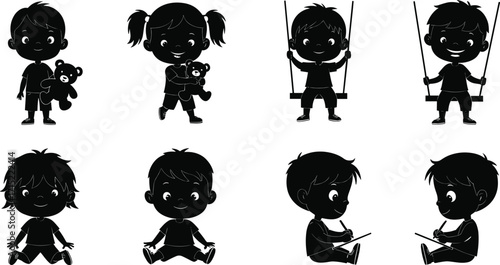 Cute children playing with toys, sitting, swinging, drawing, happy kids silhouette, childhood fun, cartoon vector design, learning, adorable illustration