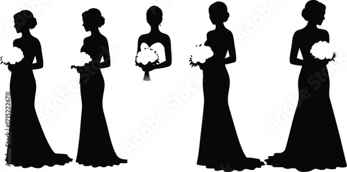 Elegant bride silhouette in wedding dress holding bouquet, bridal gown design, wedding fashion, romantic bride figure, marriage celebration, wedding illustration