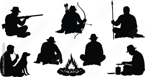 Hunters sitting by campfire with weapons, rifle, bow, spear, outdoor survival scene, wilderness camping, hunter silhouettes, dog companion illustration