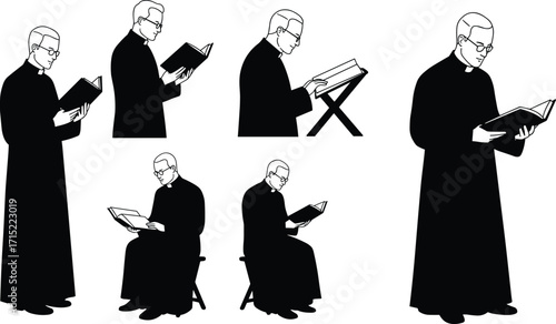 Priest reading holy bible, clergy man silhouette, Christian faith study, religious devotion, church worship, gospel teaching, spiritual illustration, sacred scripture vector