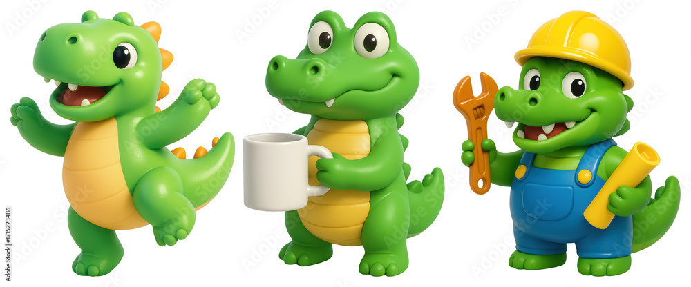Fototapeta premium PNG Playful cartoon dinosaur trio, element set on transparent background