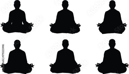 Silhouette of meditating monk in lotus position, yoga meditation posture, spiritual practice, mindfulness, relaxation, calm mind, zen balance