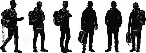 Silhouette of young men with backpacks, student walking, casual wear, hoodie fashion, traveler, education, modern lifestyle, youth concept illustration.
