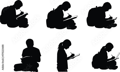 Silhouette students studying, writing in notebooks, sitting on ground, learning with backpacks, education concept, school children, academic study, college preparation illustration