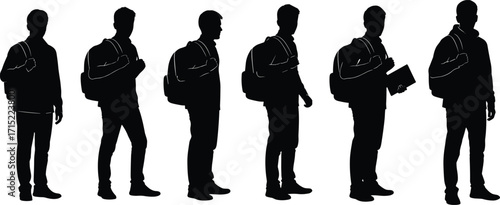 Silhouettes of young male students with backpacks, standing and walking, education lifestyle, casual clothing, university, school, learning, modern academic youth.