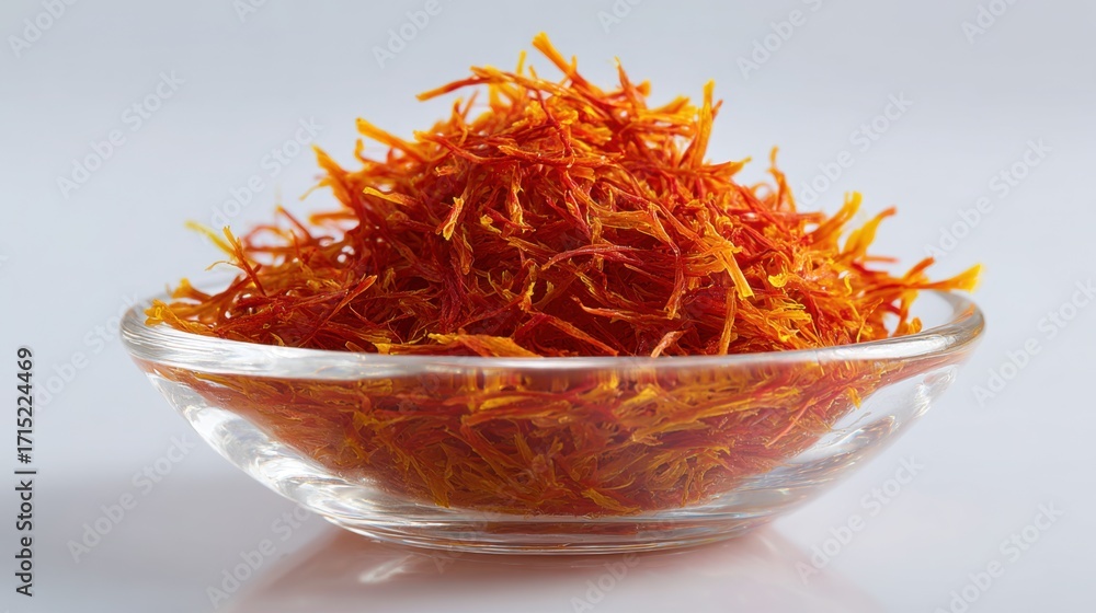 Fototapeta premium Vibrant Saffron Threads in Clear Glass Dish on Neutral Background