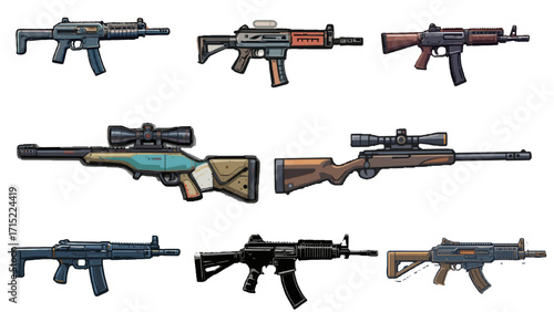 A set of flat colored weapon illustrations on a plain background. 