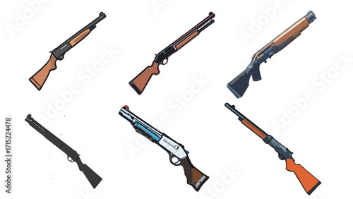 A set of flat colored weapon illustrations on a plain background. 
