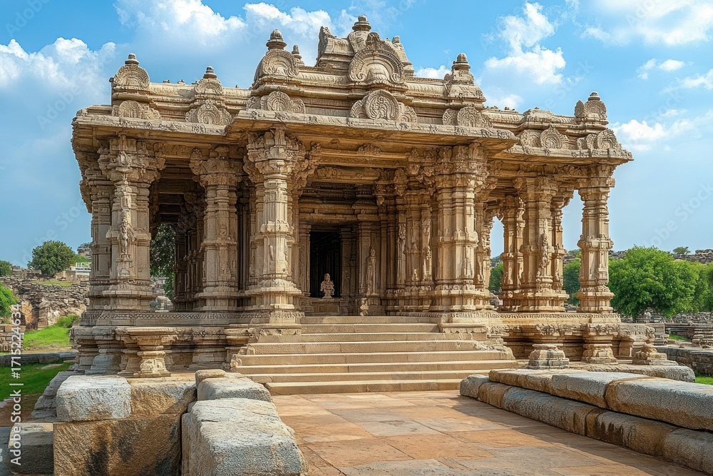 Fototapeta premium Ancient intricately carved stone temple with multiple columns under a blue sky with scattered clouds, surrounded by greenery and stone ruins
