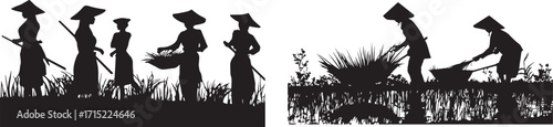Silhouette asian farmers working on rice field agriculture farming vector design