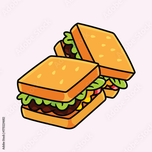 Cartoon Sandwich Vector Illustration of Baguette with Lettuce and Tomato